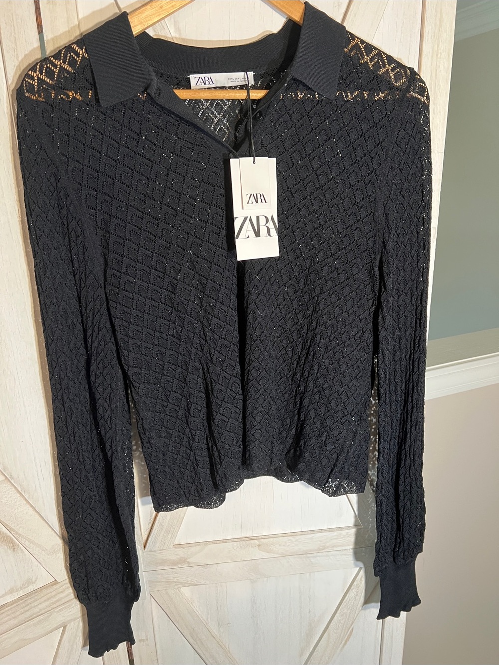 Zara Black Openwork Knit Polo Cardigan